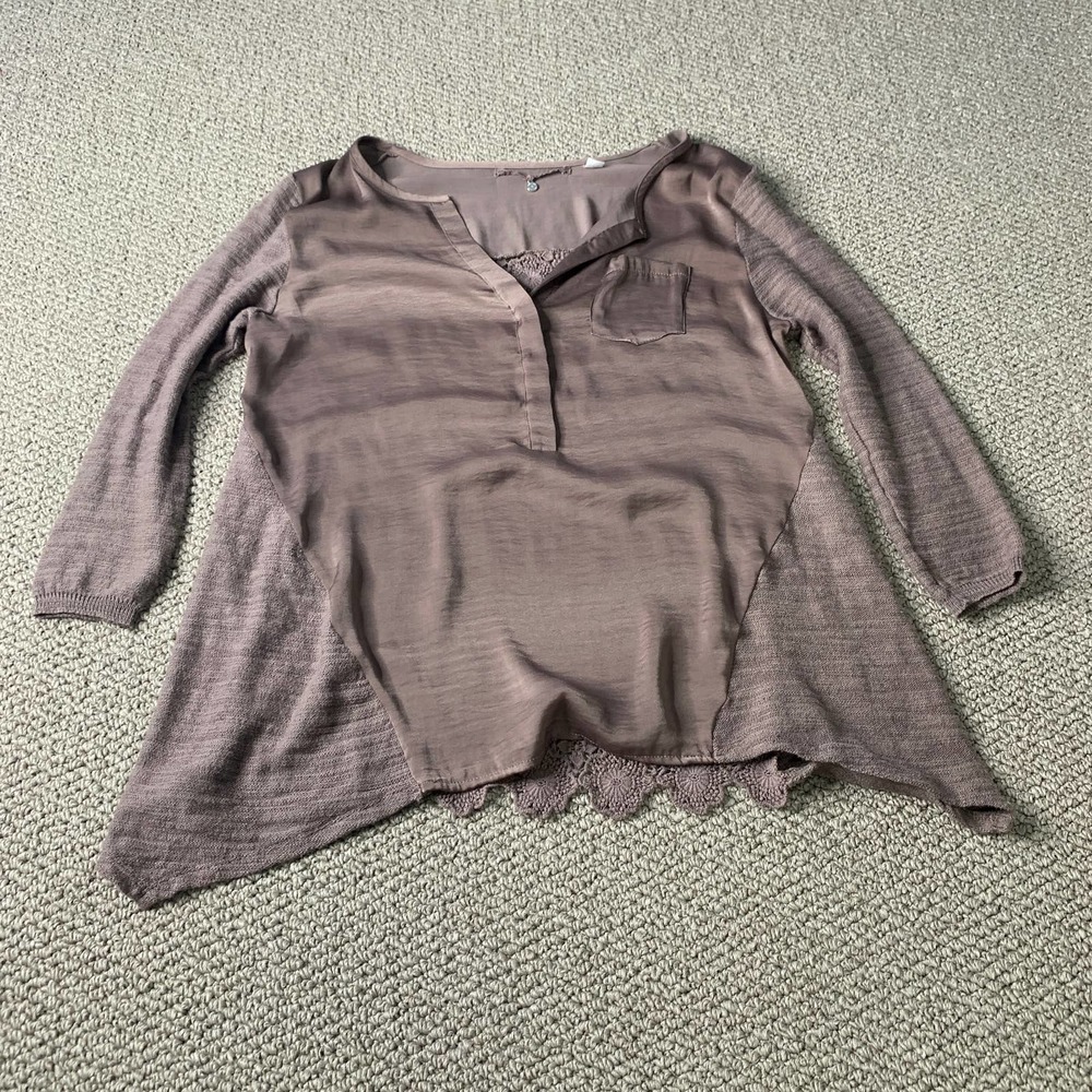 Knitted & Knotted Womesns Blouse Top Size XS Purple Lace Back‎ Long Sleeves